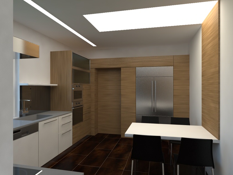 Konyhai lámpa. Ledes csík a pult felett, ledes feszített álmennyezet világítás az étkezõ asztal felett.